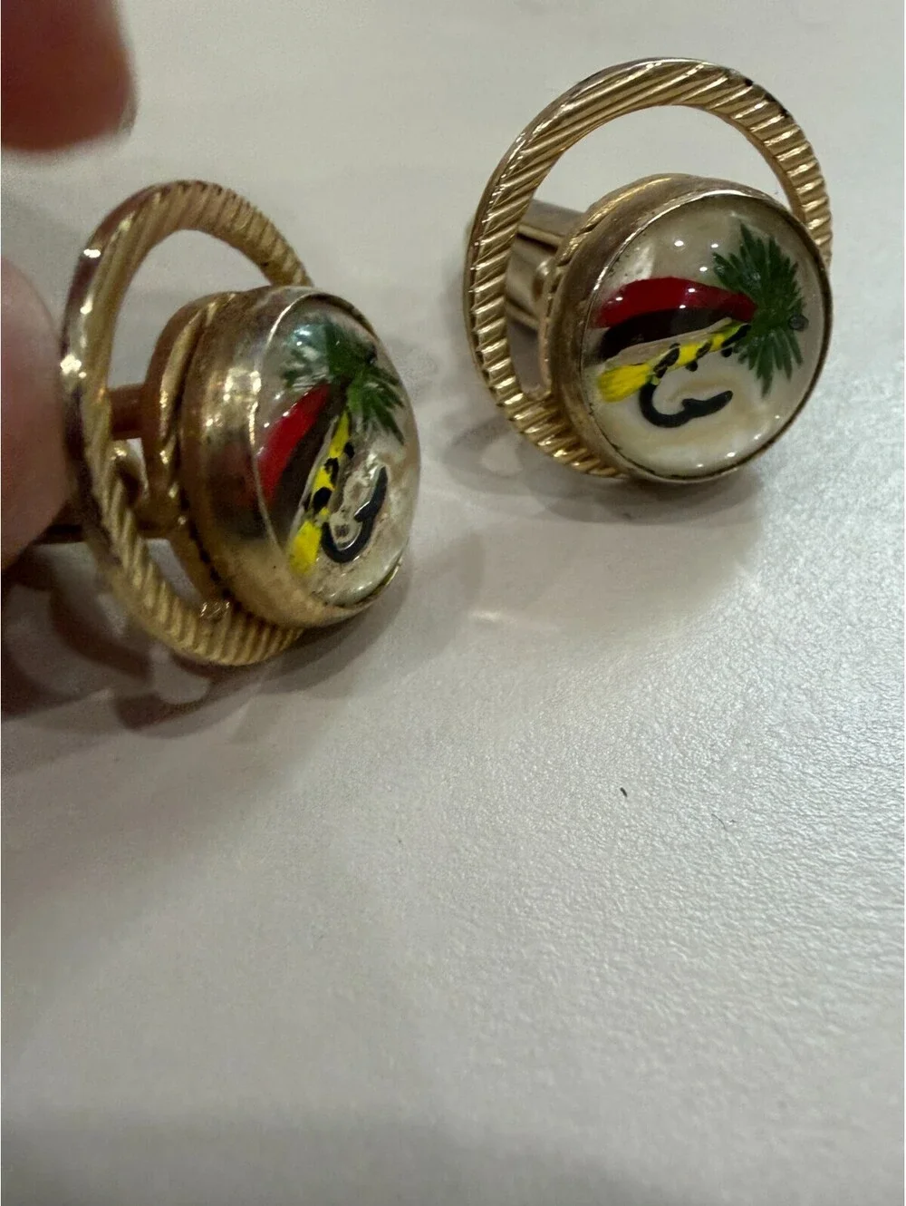 Jewelry Cuff Links Vintage Set Fishing Lure Design Themed Gold Colored Setting